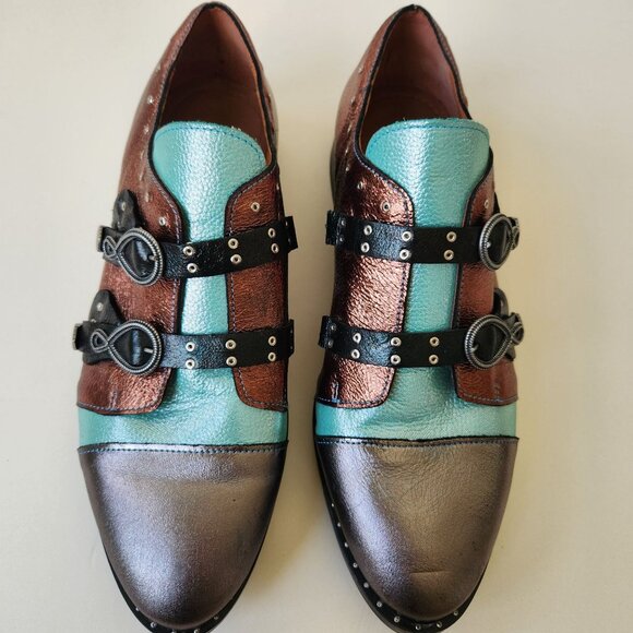 Girotti Metallic Leather Oxford Shoes Buckles Steampunk Luxury Handmade Unique 4 - Picture 2 of 16